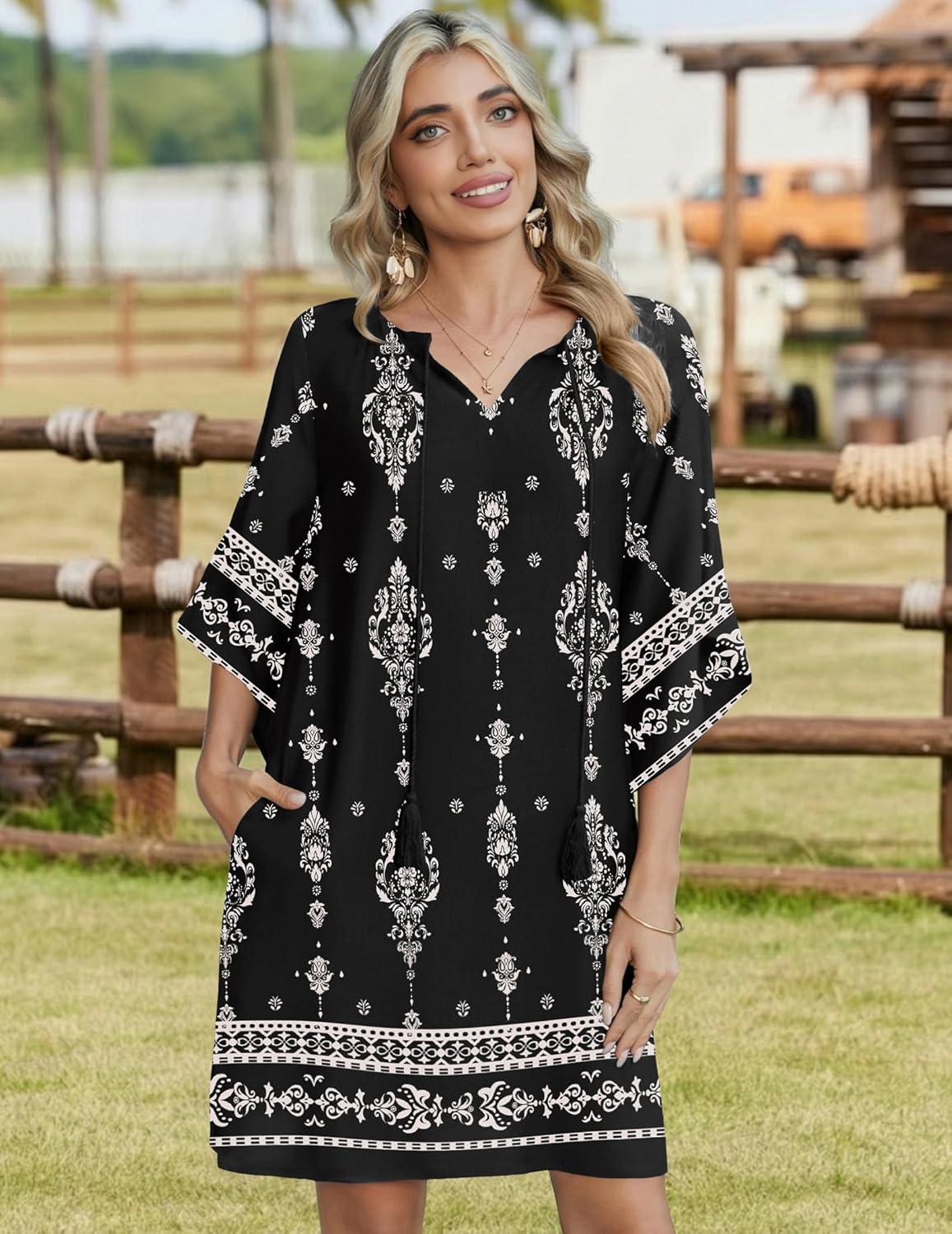 imageZeagoo Womens Casual Beach Summer Dress Boho Cover Up Tassel Tie V Neck 34 Long Sleeve Mini Sundress 2026 Floral PrintBlack Apricot