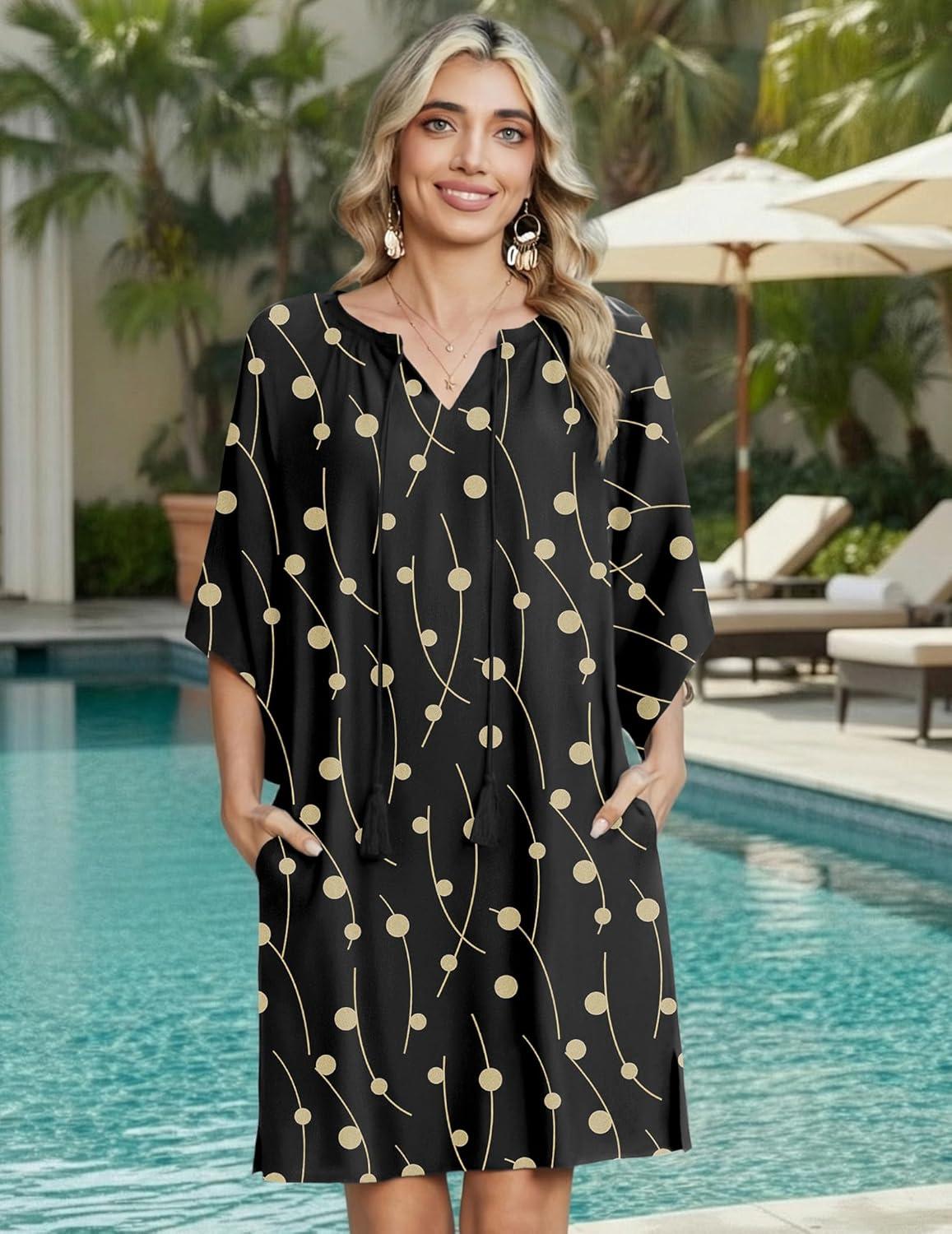 imageZeagoo Womens Casual Beach Summer Dress Boho Cover Up Tassel Tie V Neck 34 Long Sleeve Mini Sundress 2026 Floral PrintBlack Lines