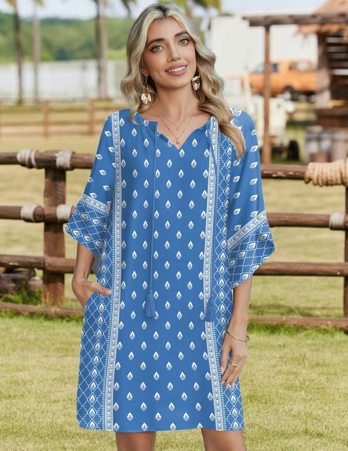 imageZeagoo Womens Casual Beach Summer Dress Boho Cover Up Tassel Tie V Neck 34 Long Sleeve Mini Sundress 2026 Floral PrintBlue and White