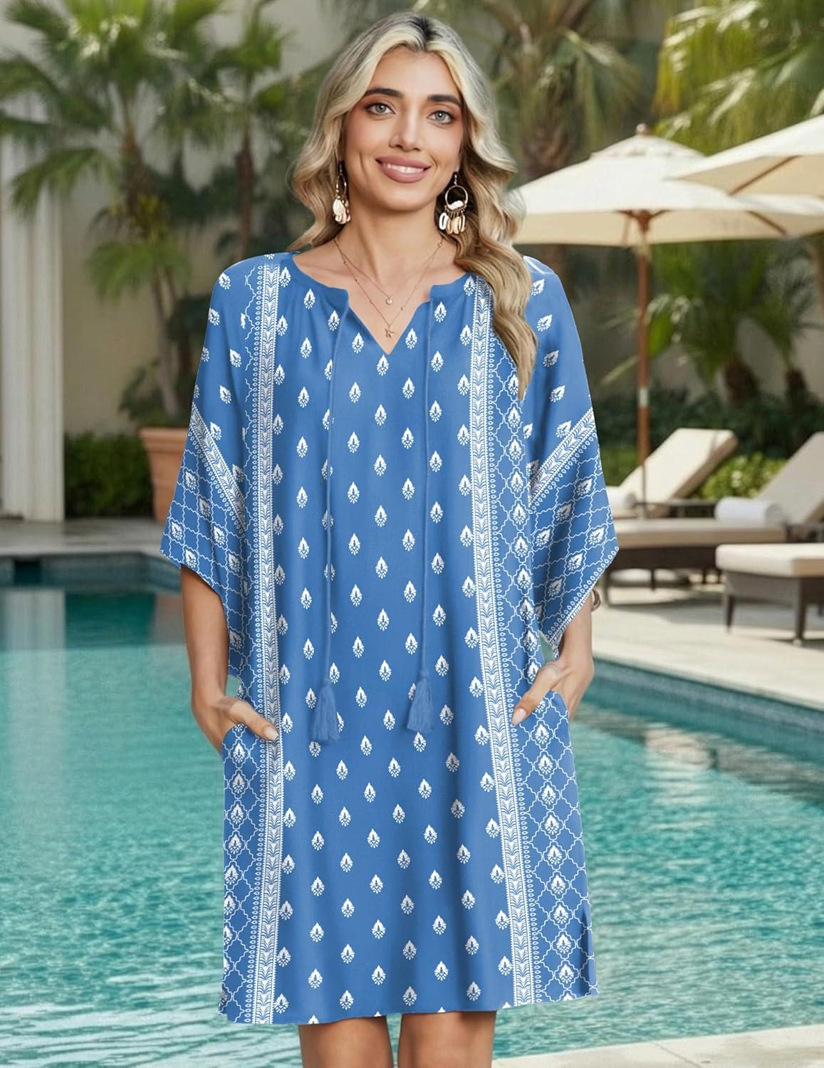 imageZeagoo Womens Casual Beach Summer Dress Boho Cover Up Tassel Tie V Neck 34 Long Sleeve Mini Sundress 2026 Floral PrintBlue and White