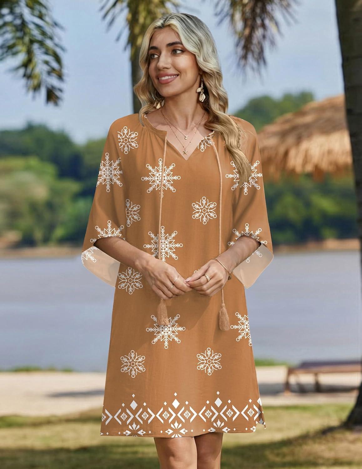 imageZeagoo Womens Casual Beach Summer Dress Boho Cover Up Tassel Tie V Neck 34 Long Sleeve Mini Sundress 2026 Floral PrintBrown