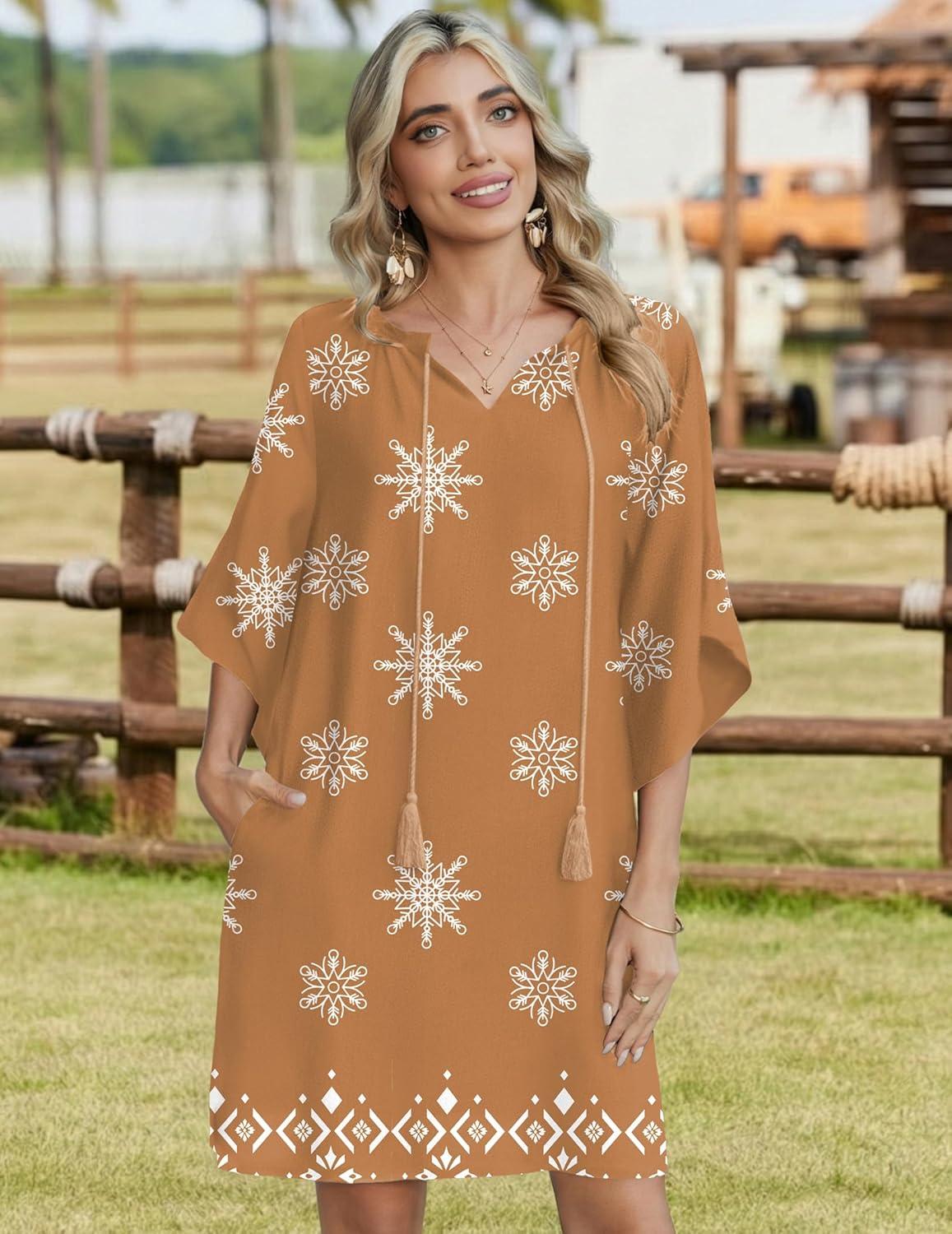 imageZeagoo Womens Casual Beach Summer Dress Boho Cover Up Tassel Tie V Neck 34 Long Sleeve Mini Sundress 2026 Floral PrintBrown