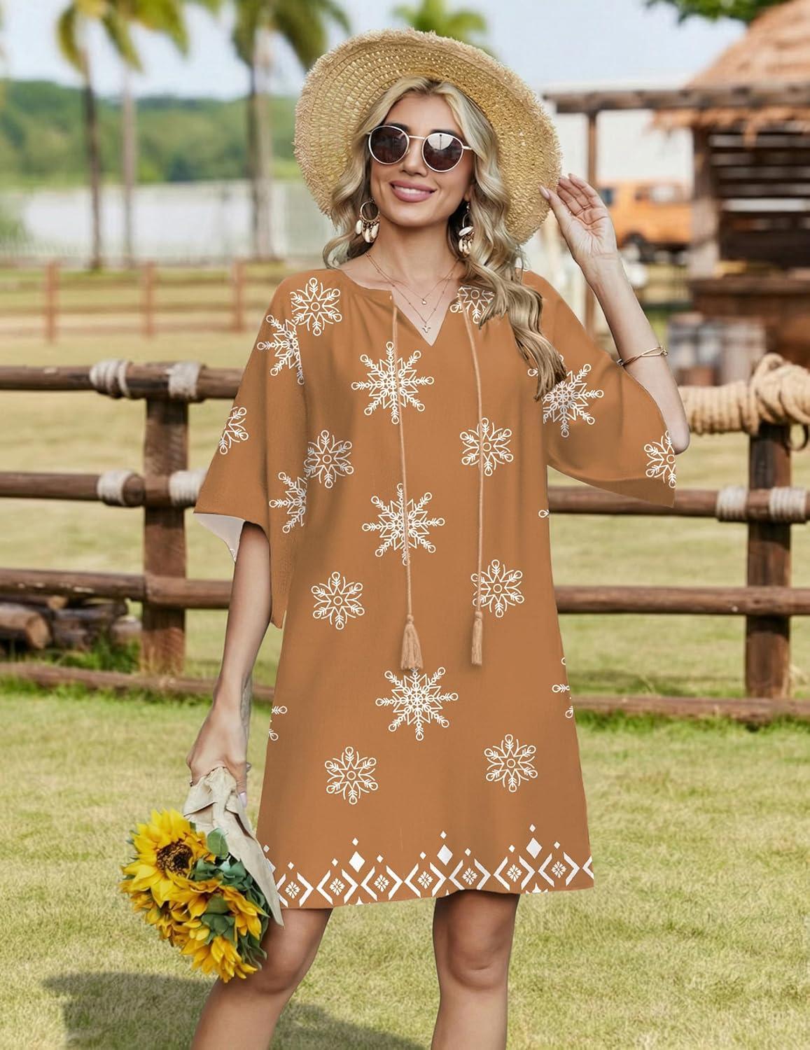 imageZeagoo Womens Casual Beach Summer Dress Boho Cover Up Tassel Tie V Neck 34 Long Sleeve Mini Sundress 2026 Floral PrintBrown