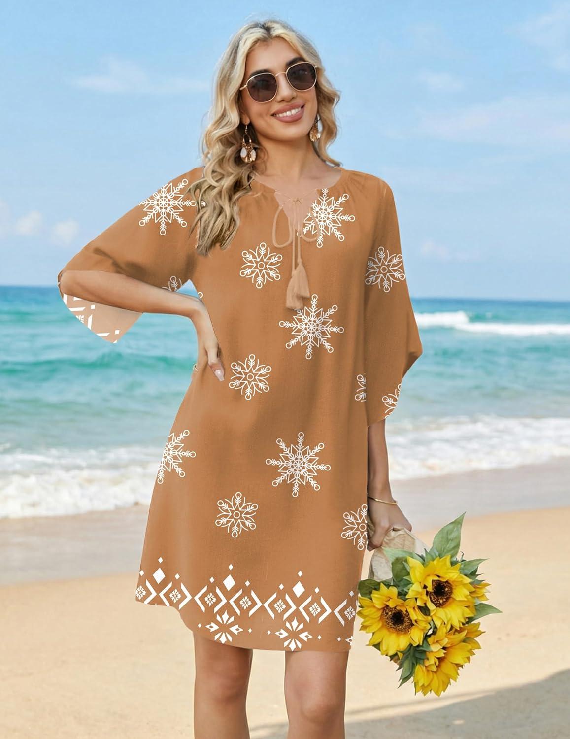 imageZeagoo Womens Casual Beach Summer Dress Boho Cover Up Tassel Tie V Neck 34 Long Sleeve Mini Sundress 2026 Floral PrintBrown