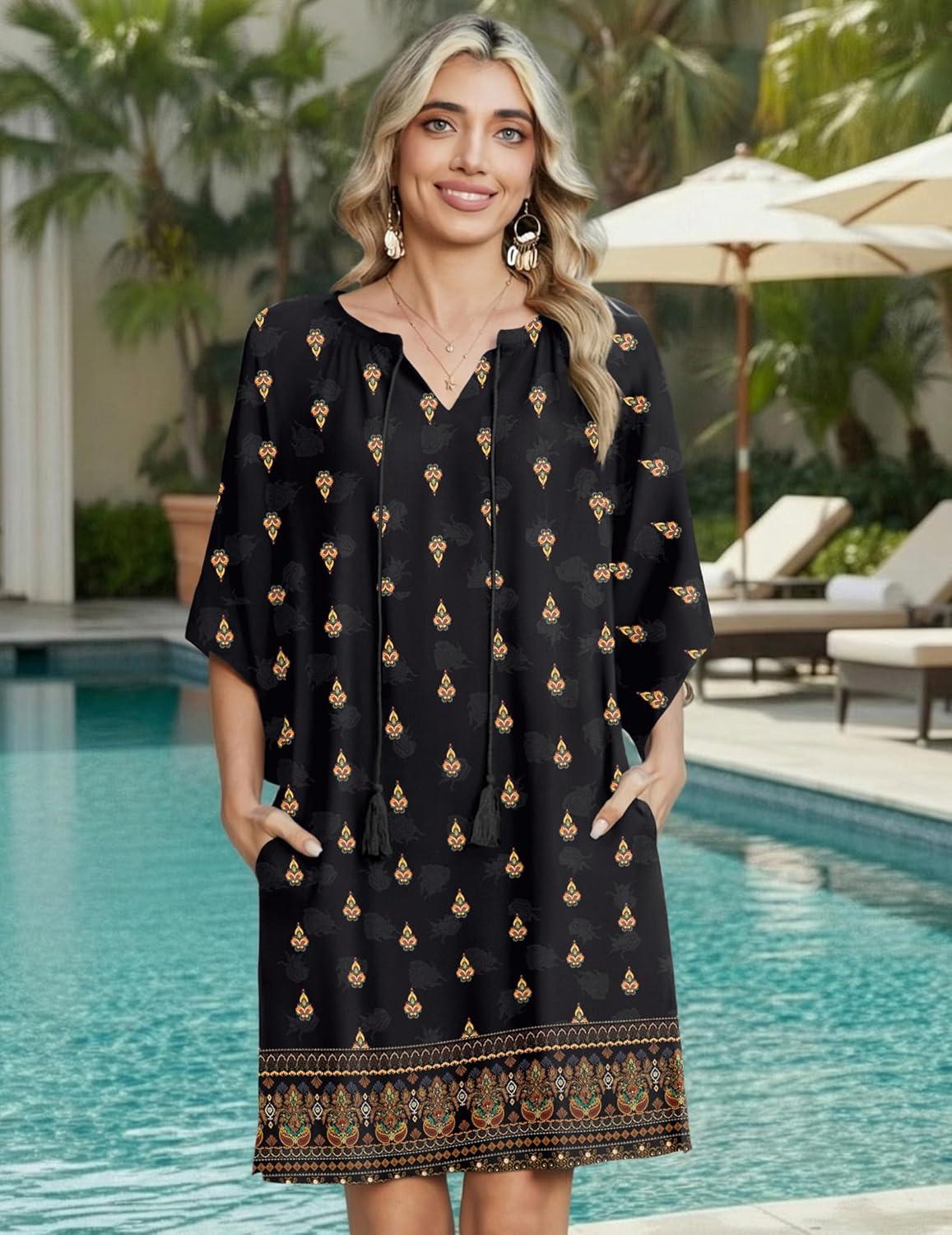 imageZeagoo Womens Casual Beach Summer Dress Boho Cover Up Tassel Tie V Neck 34 Long Sleeve Mini Sundress 2026 Floral PrintEthnic Black