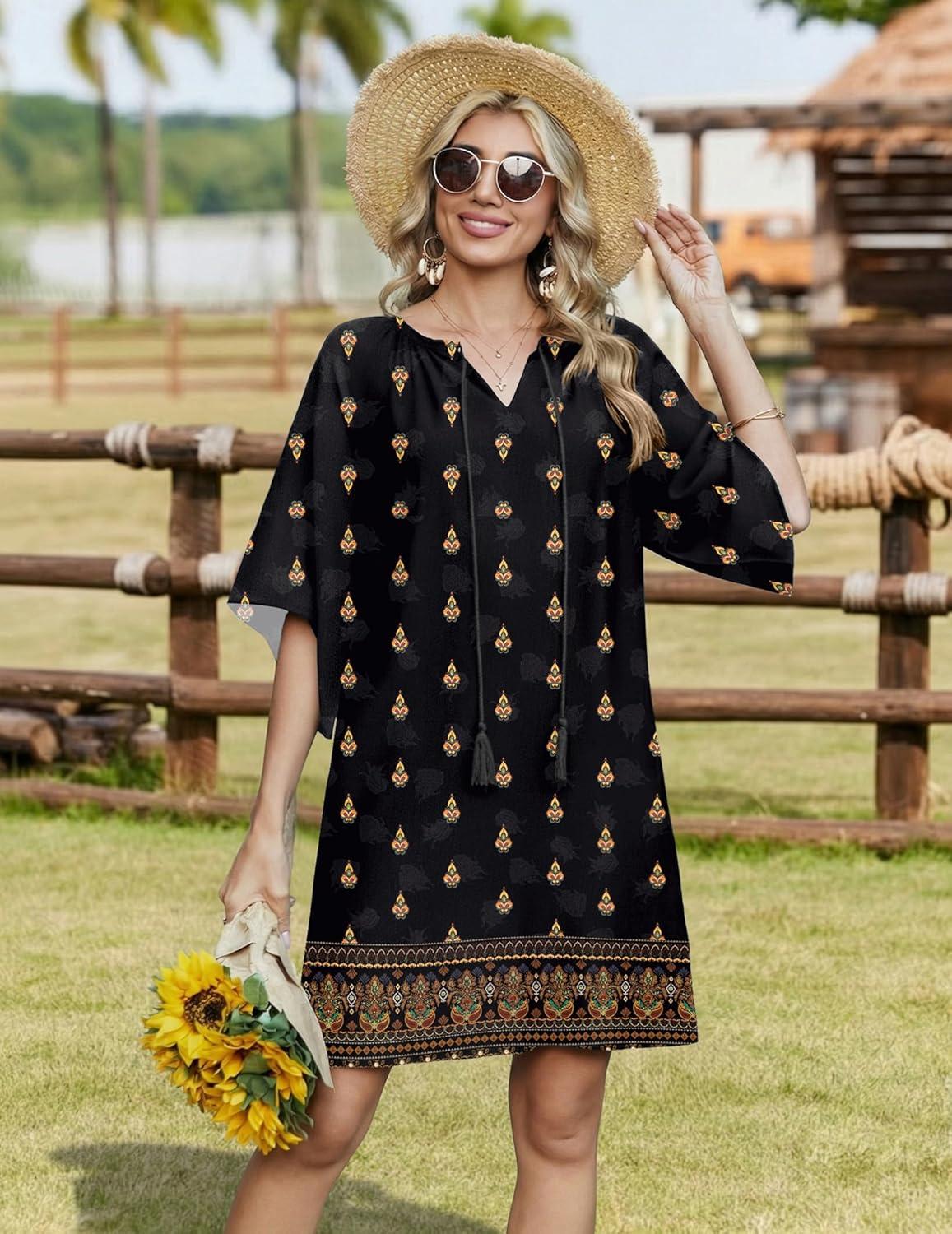 imageZeagoo Womens Casual Beach Summer Dress Boho Cover Up Tassel Tie V Neck 34 Long Sleeve Mini Sundress 2026 Floral PrintEthnic Black