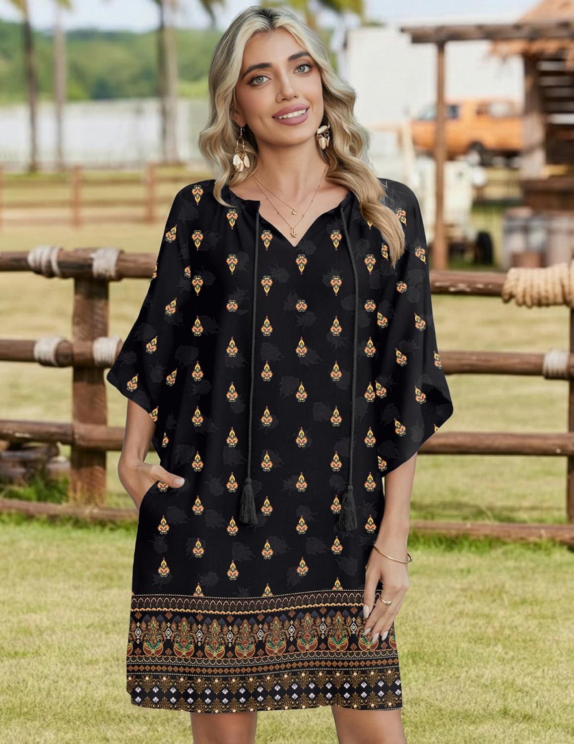 imageZeagoo Womens Casual Beach Summer Dress Boho Cover Up Tassel Tie V Neck 34 Long Sleeve Mini Sundress 2026 Floral PrintEthnic Black