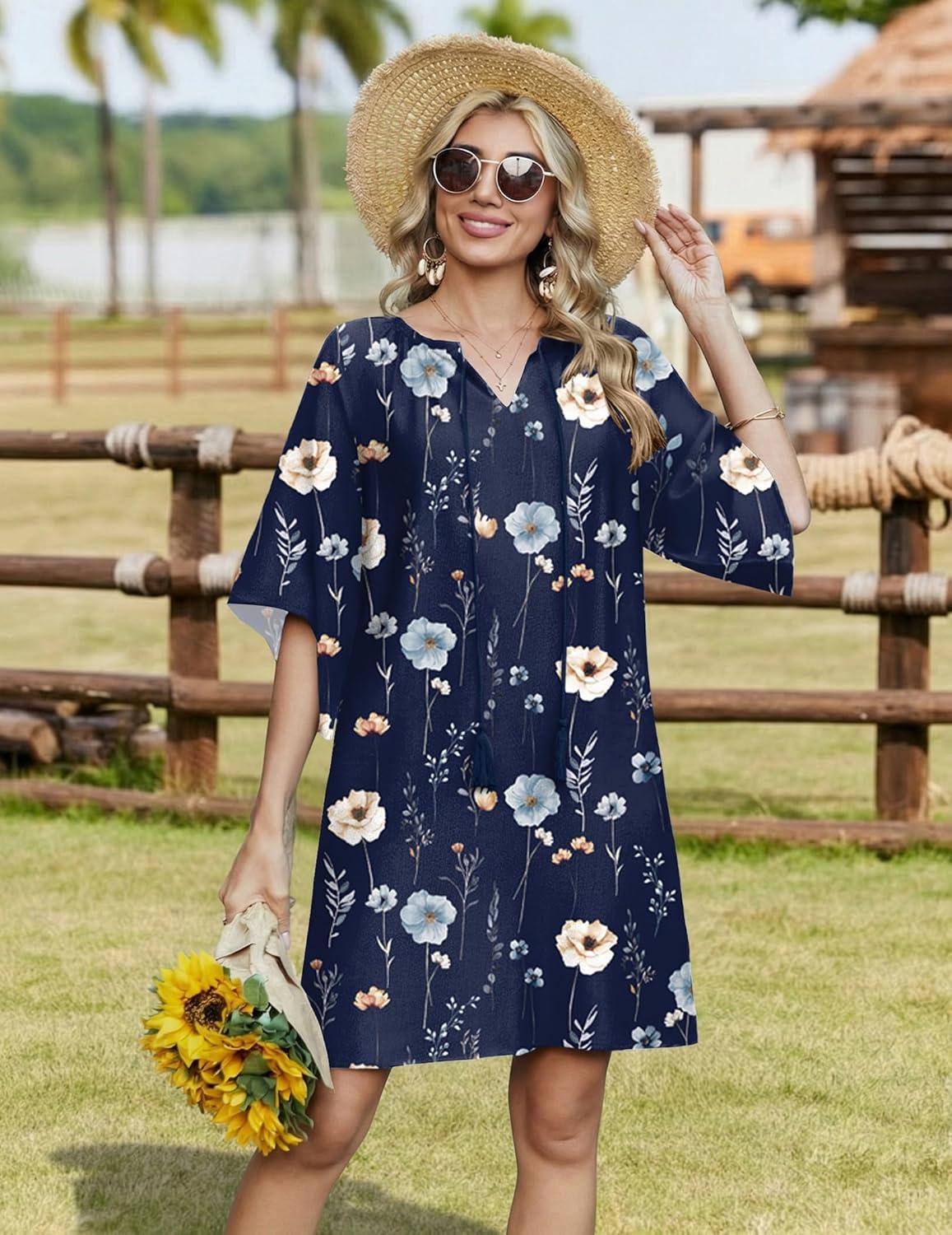 imageZeagoo Womens Casual Beach Summer Dress Boho Cover Up Tassel Tie V Neck 34 Long Sleeve Mini Sundress 2026 Floral PrintFlower