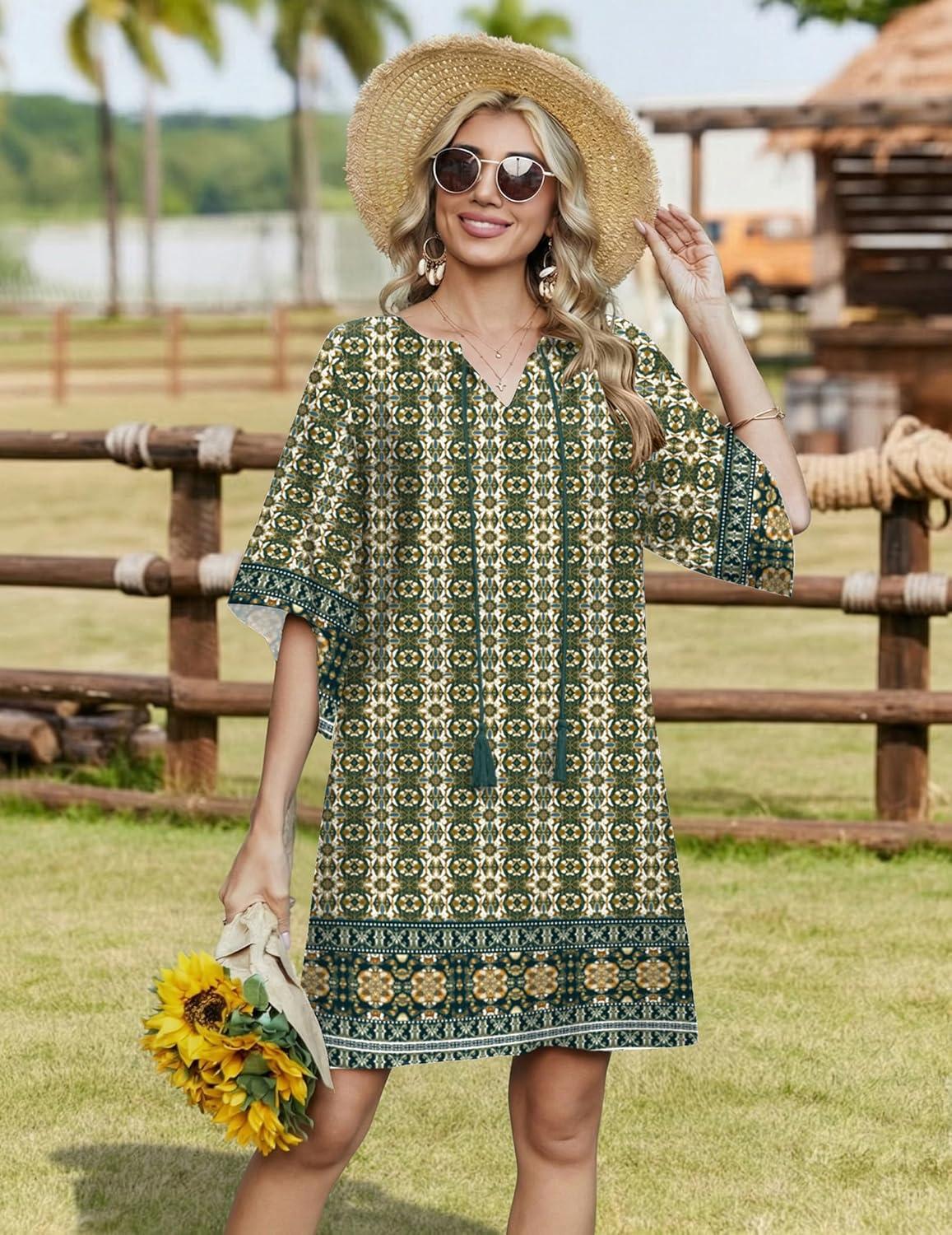 imageZeagoo Womens Casual Beach Summer Dress Boho Cover Up Tassel Tie V Neck 34 Long Sleeve Mini Sundress 2026 Floral PrintGreen