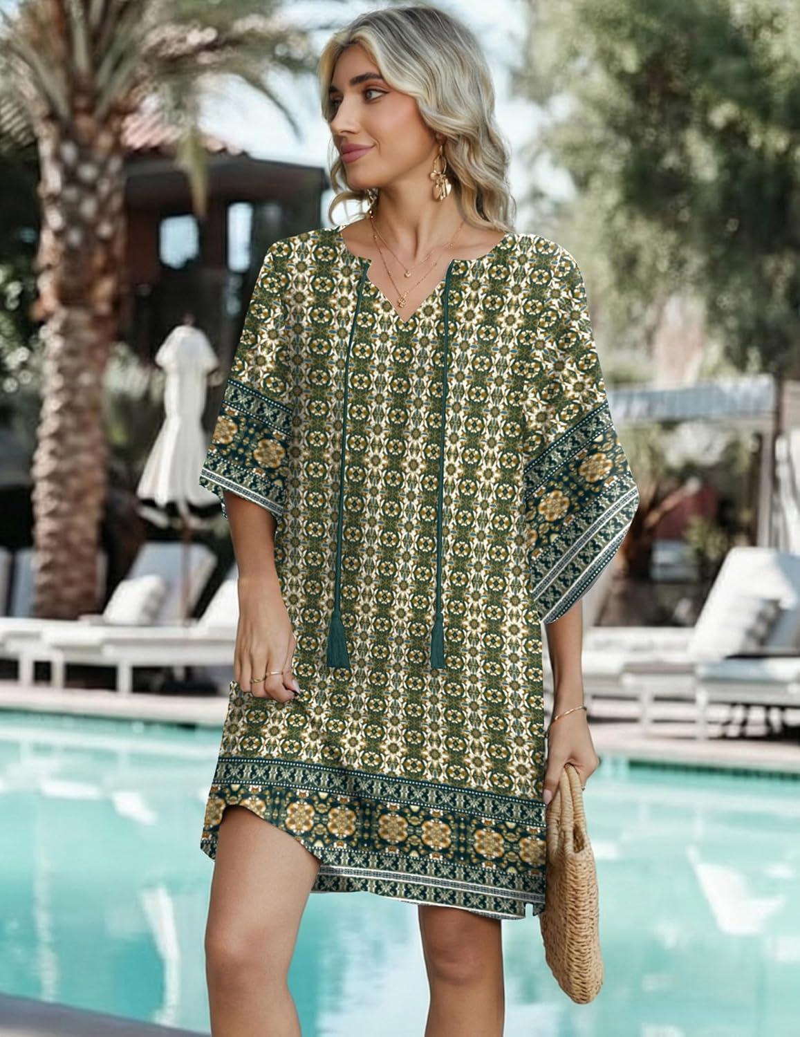 imageZeagoo Womens Casual Beach Summer Dress Boho Cover Up Tassel Tie V Neck 34 Long Sleeve Mini Sundress 2026 Floral PrintGreen