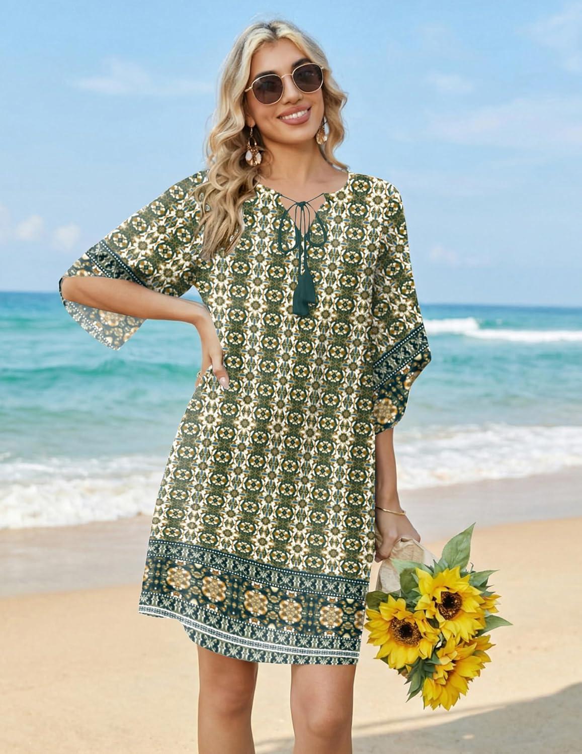 imageZeagoo Womens Casual Beach Summer Dress Boho Cover Up Tassel Tie V Neck 34 Long Sleeve Mini Sundress 2026 Floral PrintGreen