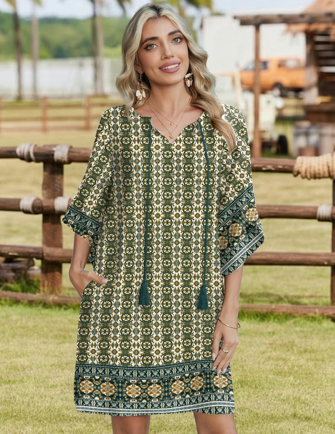 imageZeagoo Womens Casual Beach Summer Dress Boho Cover Up Tassel Tie V Neck 34 Long Sleeve Mini Sundress 2026 Floral PrintGreen