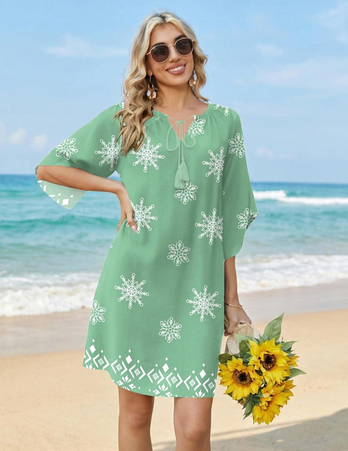 imageZeagoo Womens Casual Beach Summer Dress Boho Cover Up Tassel Tie V Neck 34 Long Sleeve Mini Sundress 2026 Floral PrintGreen and White
