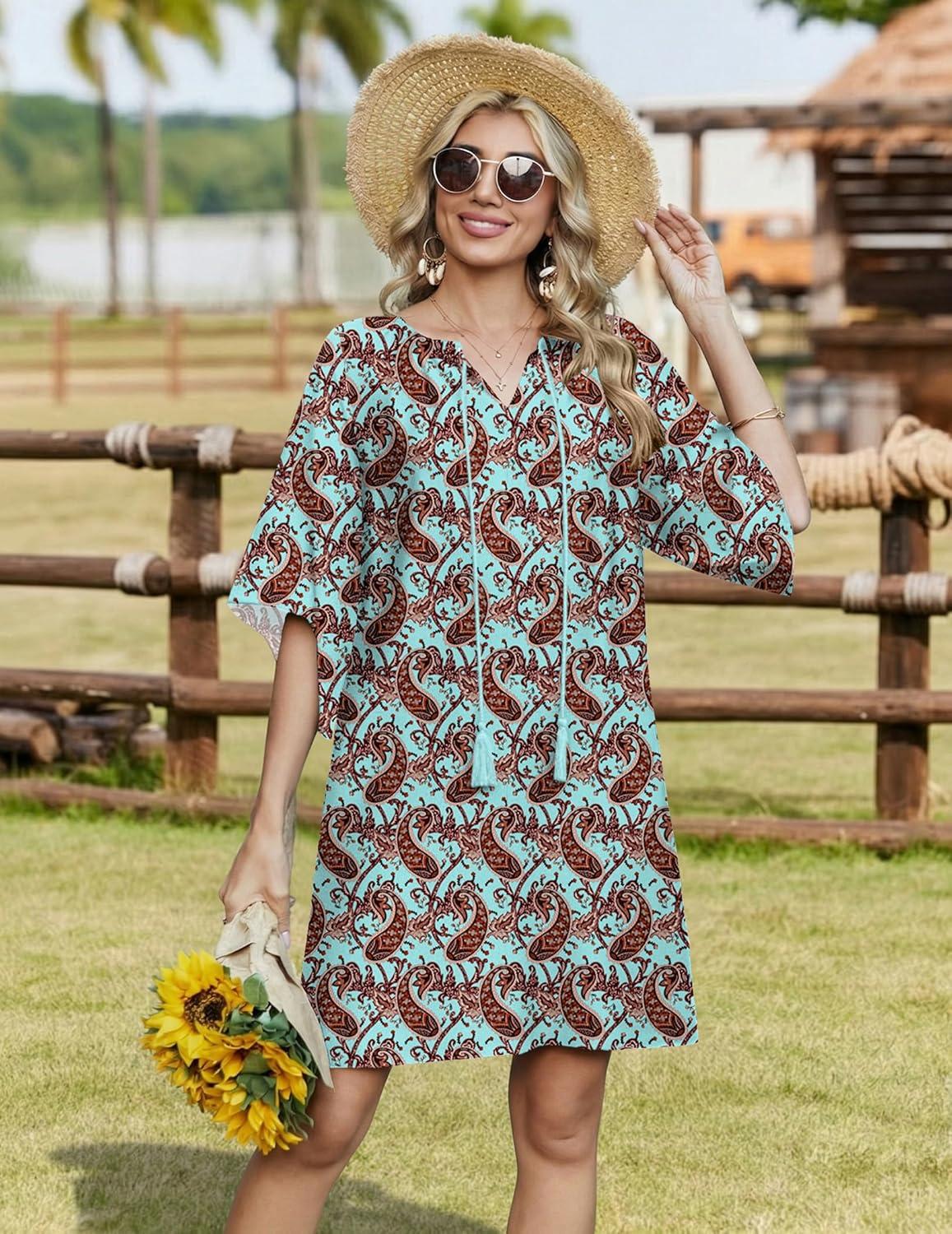 imageZeagoo Womens Casual Beach Summer Dress Boho Cover Up Tassel Tie V Neck 34 Long Sleeve Mini Sundress 2026 Floral PrintLight Blue