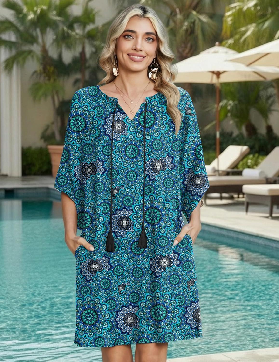 imageZeagoo Womens Casual Beach Summer Dress Boho Cover Up Tassel Tie V Neck 34 Long Sleeve Mini Sundress 2026 Floral PrintMandala