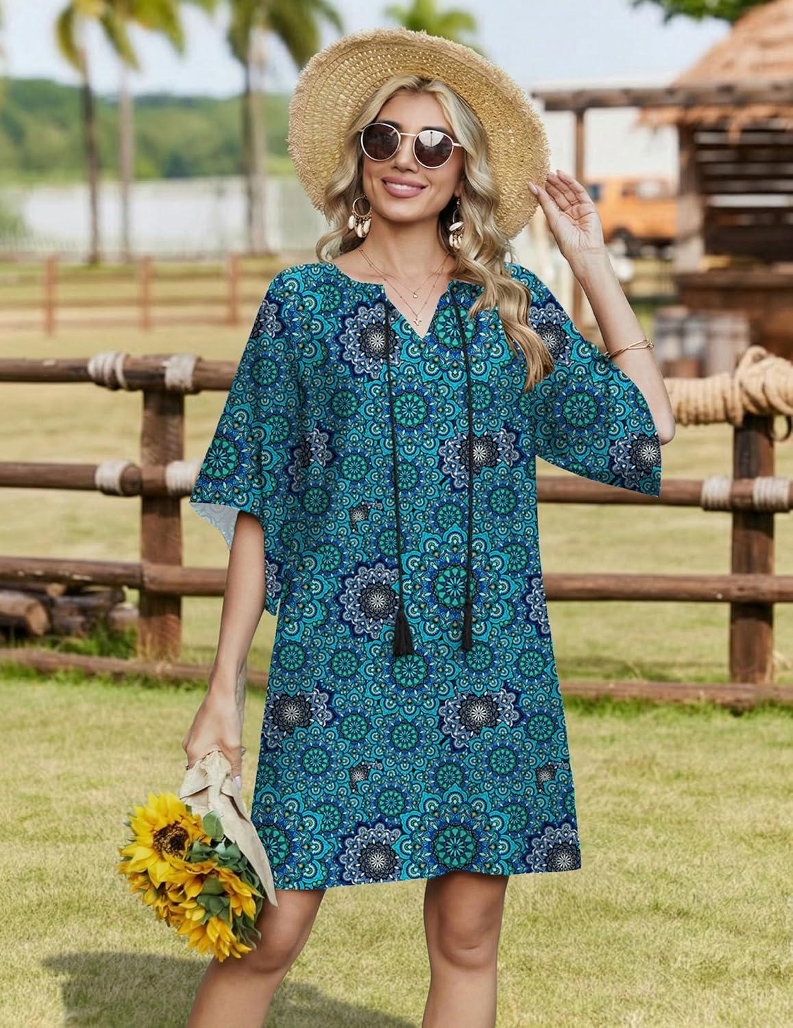 imageZeagoo Womens Casual Beach Summer Dress Boho Cover Up Tassel Tie V Neck 34 Long Sleeve Mini Sundress 2026 Floral PrintMandala