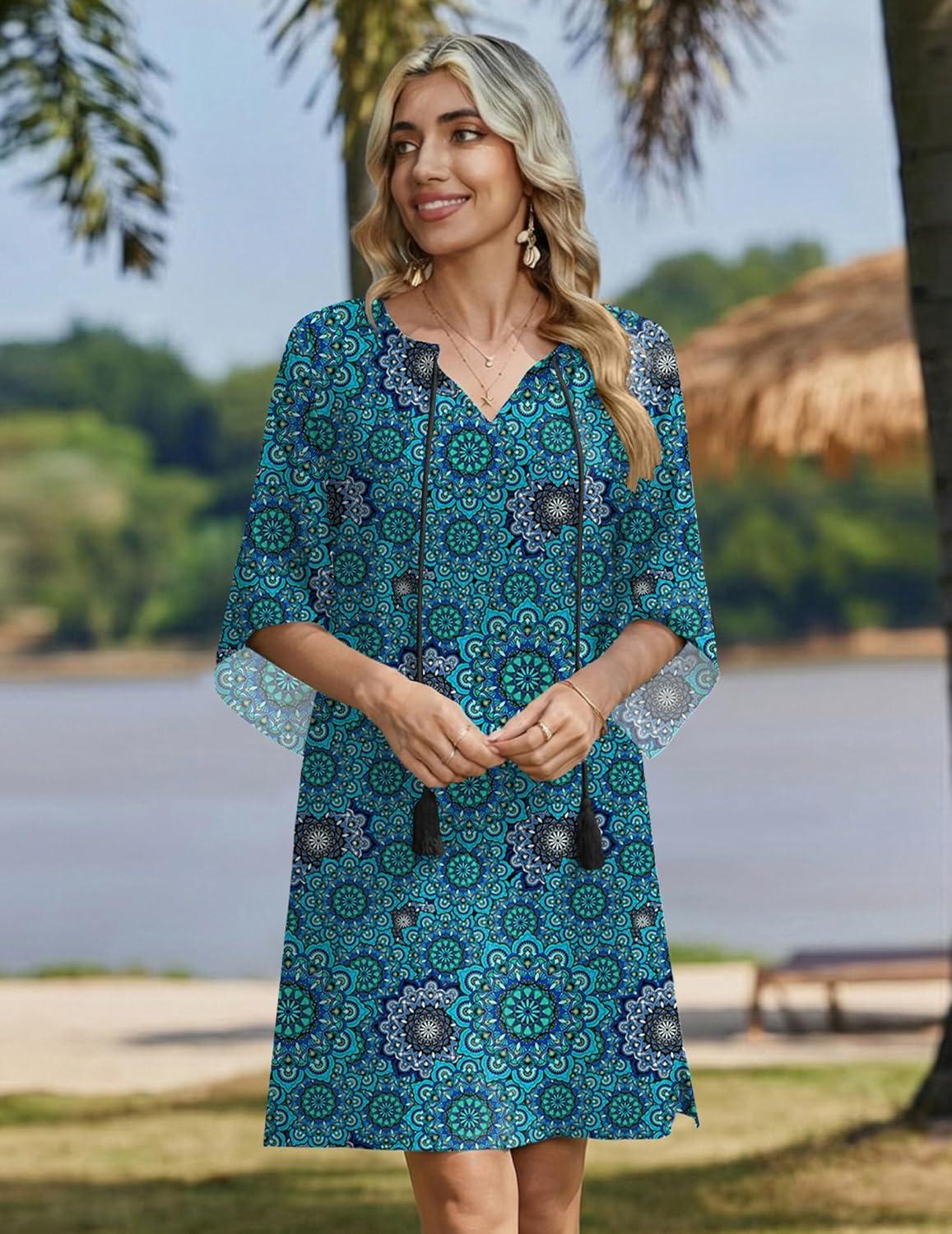 imageZeagoo Womens Casual Beach Summer Dress Boho Cover Up Tassel Tie V Neck 34 Long Sleeve Mini Sundress 2026 Floral PrintMandala