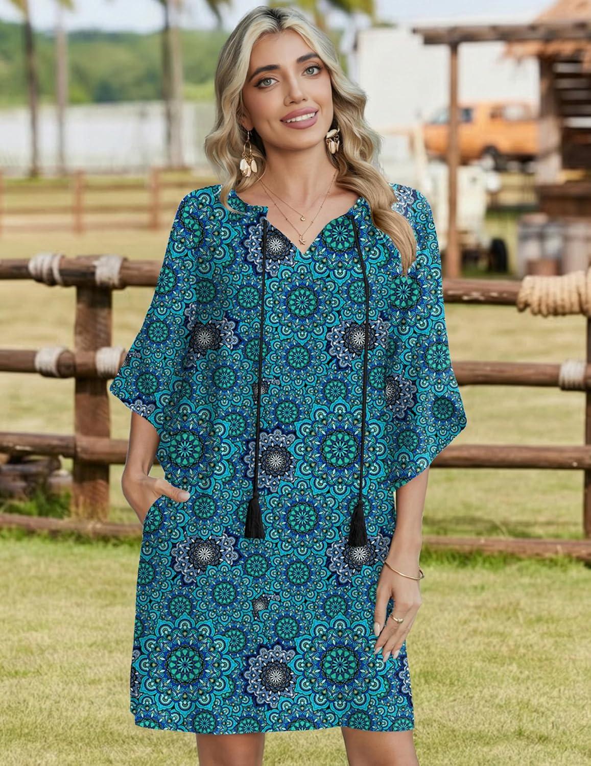 imageZeagoo Womens Casual Beach Summer Dress Boho Cover Up Tassel Tie V Neck 34 Long Sleeve Mini Sundress 2026 Floral PrintMandala