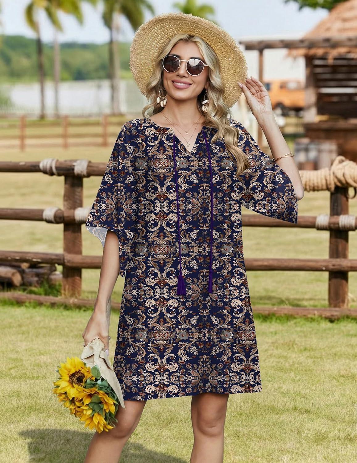 imageZeagoo Womens Casual Beach Summer Dress Boho Cover Up Tassel Tie V Neck 34 Long Sleeve Mini Sundress 2026 Floral PrintTibetan Khaki