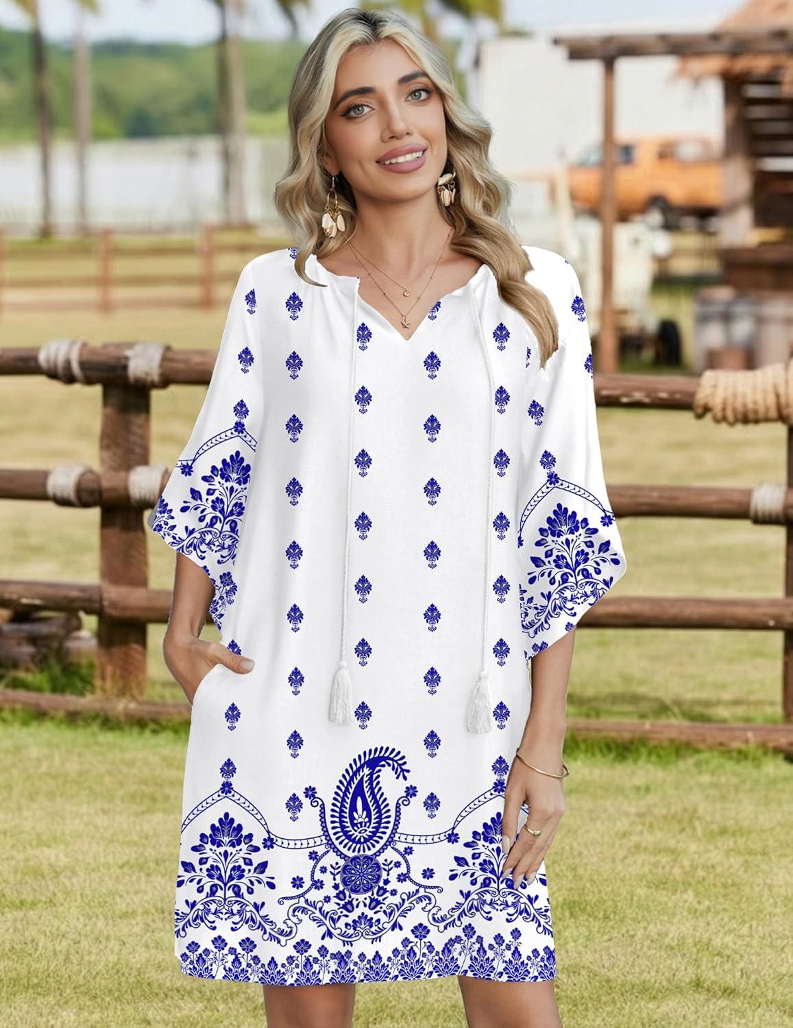 imageZeagoo Womens Casual Beach Summer Dress Boho Cover Up Tassel Tie V Neck 34 Long Sleeve Mini Sundress 2026 Floral PrintWhite Blue