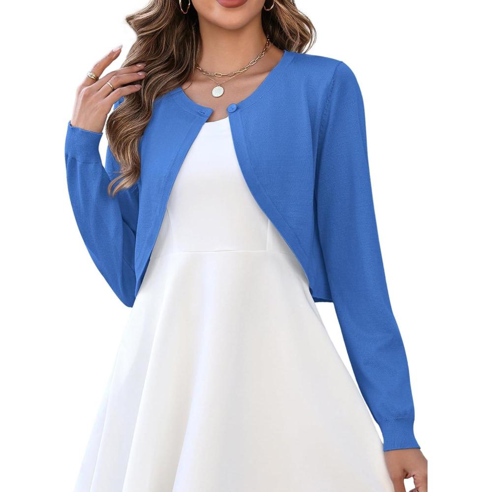 imageZeagoo Cropped Cardigan Sweaters for Women Long Sleeve Knit Open Front Bolero Shrug for DressesBlue