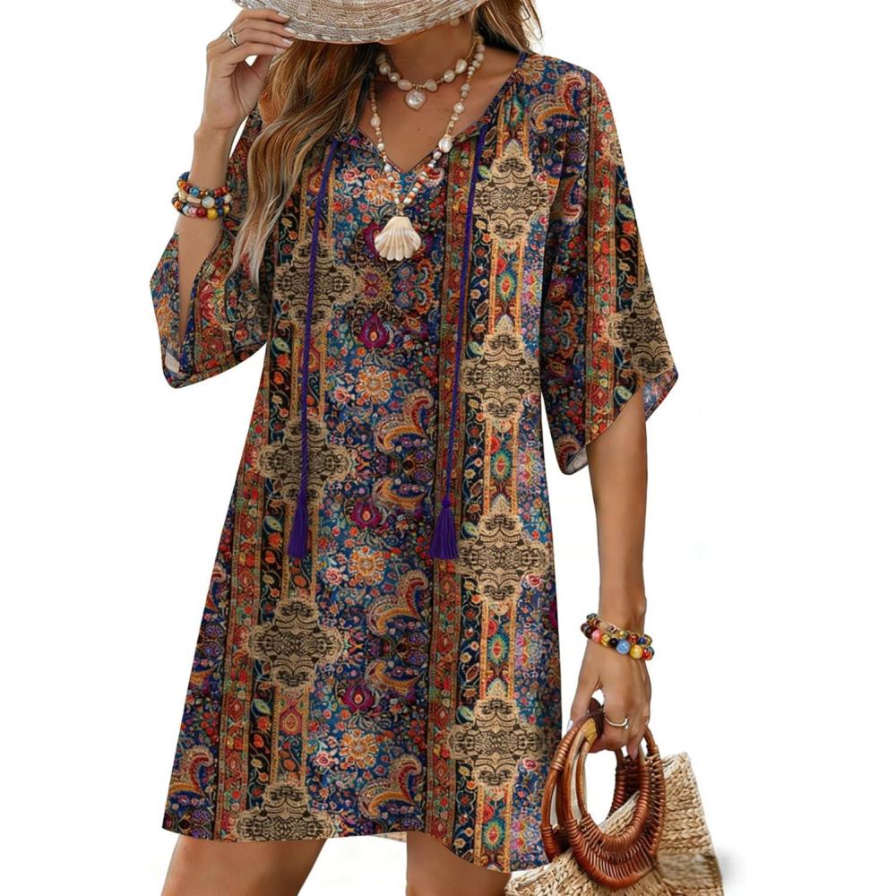 imageZeagoo Womens Casual Beach Summer Dress Boho Cover Up Tassel Tie V Neck 34 Long Sleeve Mini Sundress 2026 Floral PrintA01ethnic