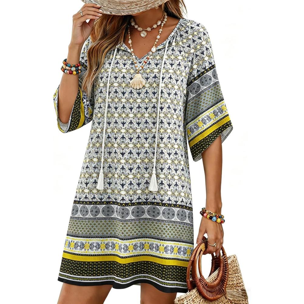 imageZeagoo Womens Casual Beach Summer Dress Boho Cover Up Tassel Tie V Neck 34 Long Sleeve Mini Sundress 2026 Floral PrintA02boho