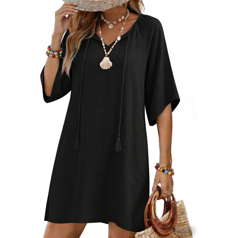 imageZeagoo Womens Casual Beach Summer Dress Boho Cover Up Tassel Tie V Neck 34 Long Sleeve Mini Sundress 2026 Floral PrintBlack