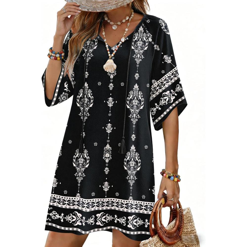 imageZeagoo Womens Casual Beach Summer Dress Boho Cover Up Tassel Tie V Neck 34 Long Sleeve Mini Sundress 2026 Floral PrintBlack Apricot