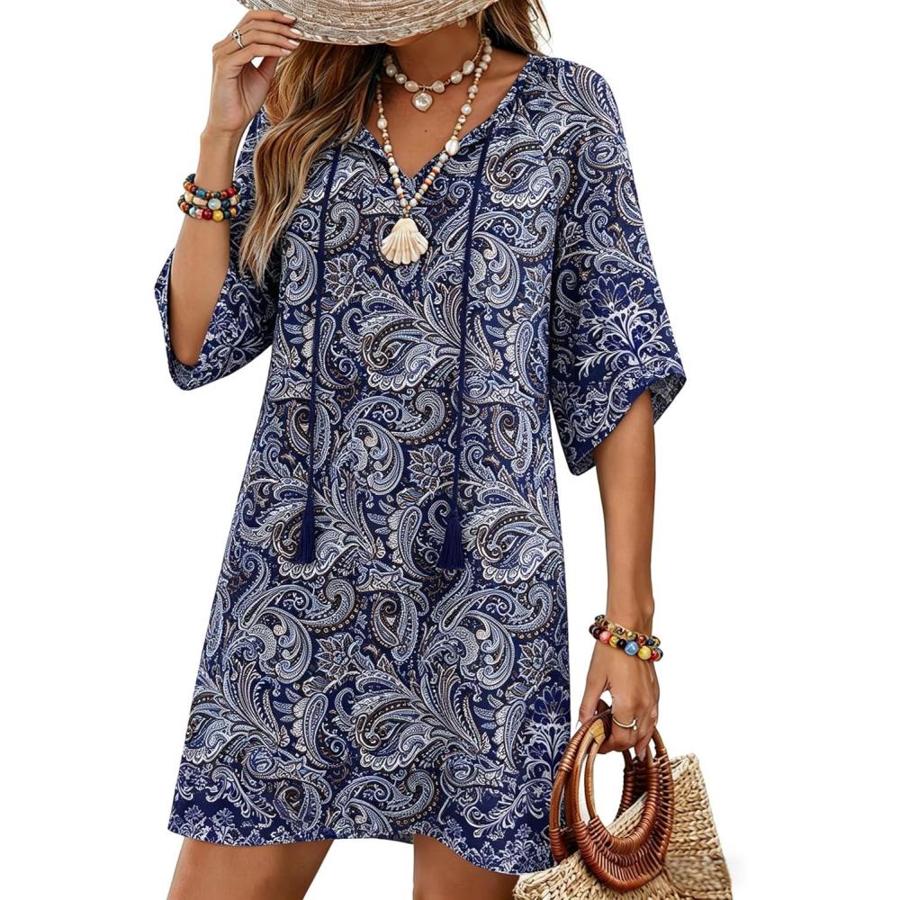 imageZeagoo Womens Casual Beach Summer Dress Boho Cover Up Tassel Tie V Neck 34 Long Sleeve Mini Sundress 2026 Floral PrintBlue