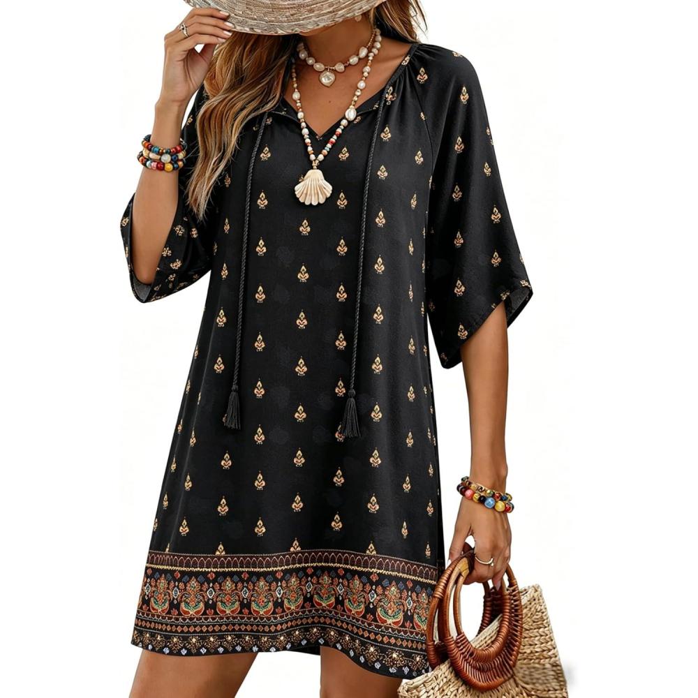 imageZeagoo Womens Casual Beach Summer Dress Boho Cover Up Tassel Tie V Neck 34 Long Sleeve Mini Sundress 2026 Floral PrintEthnic Black