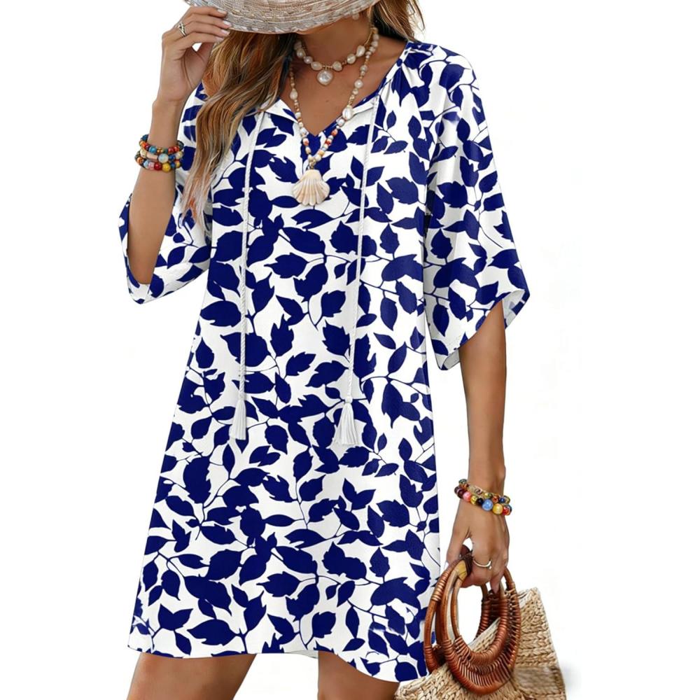 imageZeagoo Womens Casual Beach Summer Dress Boho Cover Up Tassel Tie V Neck 34 Long Sleeve Mini Sundress 2026 Floral PrintLeaf Blue
