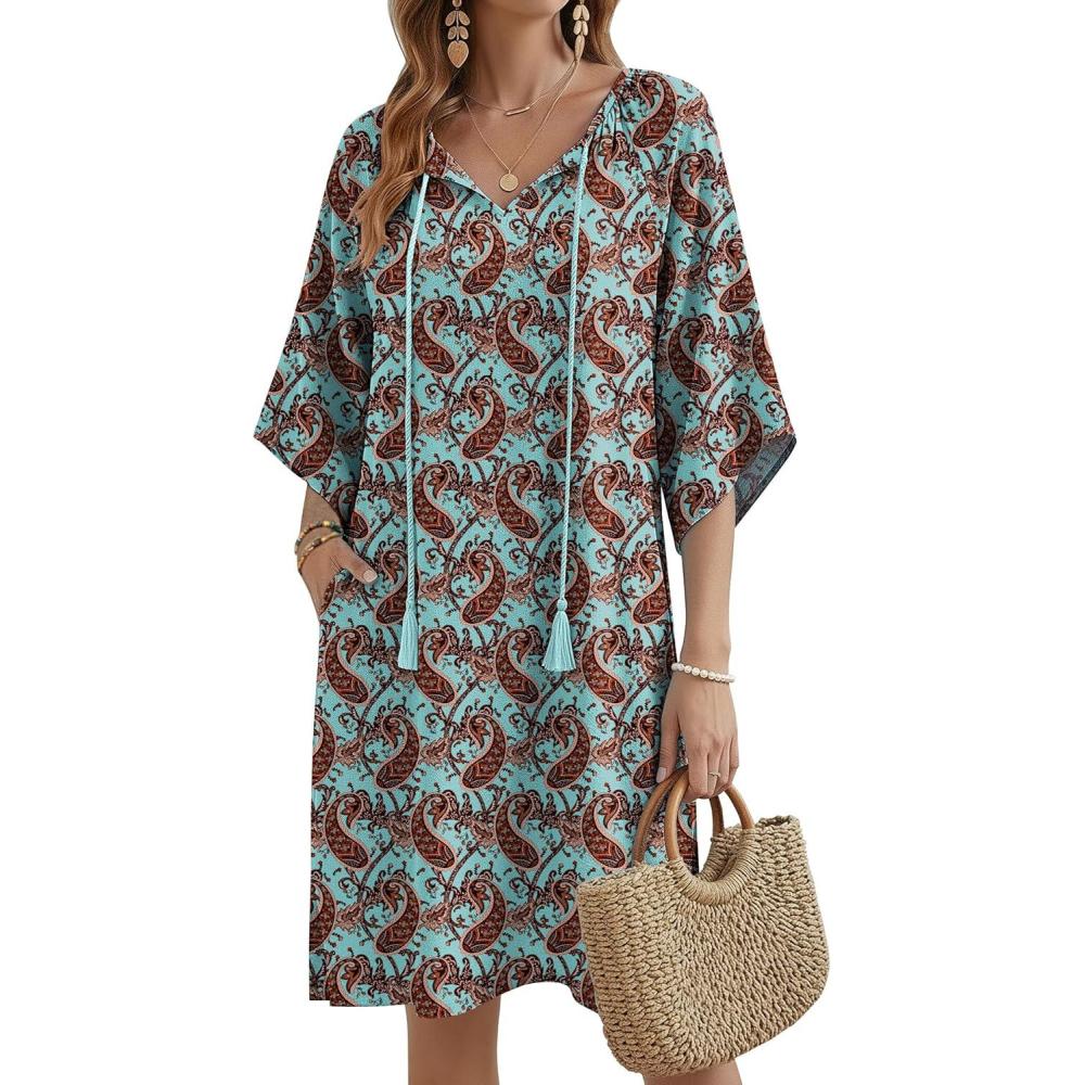 imageZeagoo Womens Casual Beach Summer Dress Boho Cover Up Tassel Tie V Neck 34 Long Sleeve Mini Sundress 2026 Floral PrintLight Blue