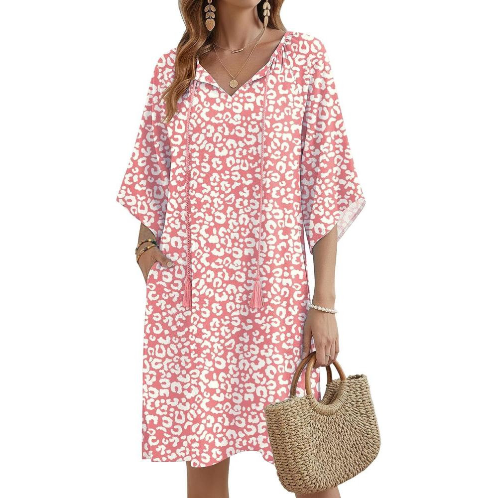 imageZeagoo Womens Casual Beach Summer Dress Boho Cover Up Tassel Tie V Neck 34 Long Sleeve Mini Sundress 2026 Floral PrintPink