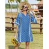 Zeagoo Womens Casual Beach Summer Dress Boho Cover Up Tassel Tie V Neck 3/4 Long Sleeve Mini Sundress 2026 Floral Print(Blue and White)
