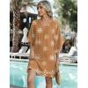 Zeagoo Womens Casual Beach Summer Dress Boho Cover Up Tassel Tie V Neck 3/4 Long Sleeve Mini Sundress 2026 Floral Print(Brown)