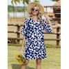 Zeagoo Womens Casual Beach Summer Dress Boho Cover Up Tassel Tie V Neck 3/4 Long Sleeve Mini Sundress 2026 Floral Print(Leaf Blue)