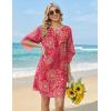 Zeagoo Womens Casual Beach Summer Dress Boho Cover Up Tassel Tie V Neck 3/4 Long Sleeve Mini Sundress 2026 Floral Print(Red)