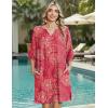Zeagoo Womens Casual Beach Summer Dress Boho Cover Up Tassel Tie V Neck 3/4 Long Sleeve Mini Sundress 2026 Floral Print(Red)