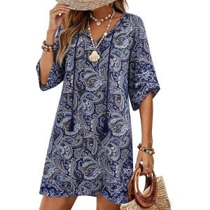Zeagoo Womens Casual Beach Summer Dress Boho Cover Up Tassel Tie V Neck 3/4 Long Sleeve Mini Sundress 2026 Floral Print(Blue)