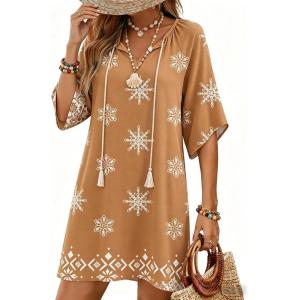 Zeagoo Womens Casual Beach Summer Dress Boho Cover Up Tassel Tie V Neck 3/4 Long Sleeve Mini Sundress 2026 Floral Print(Brown)
