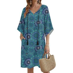 Zeagoo Womens Casual Beach Summer Dress Boho Cover Up Tassel Tie V Neck 3/4 Long Sleeve Mini Sundress 2026 Floral Print(Mandala)