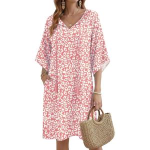 Zeagoo Womens Casual Beach Summer Dress Boho Cover Up Tassel Tie V Neck 3/4 Long Sleeve Mini Sundress 2026 Floral Print(Pink)
