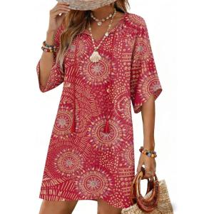 Zeagoo Womens Casual Beach Summer Dress Boho Cover Up Tassel Tie V Neck 3/4 Long Sleeve Mini Sundress 2026 Floral Print(Red)