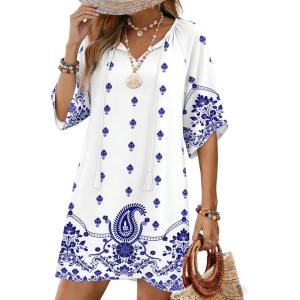 Zeagoo Womens Casual Beach Summer Dress Boho Cover Up Tassel Tie V Neck 3/4 Long Sleeve Mini Sundress 2026 Floral Print(White Blue)