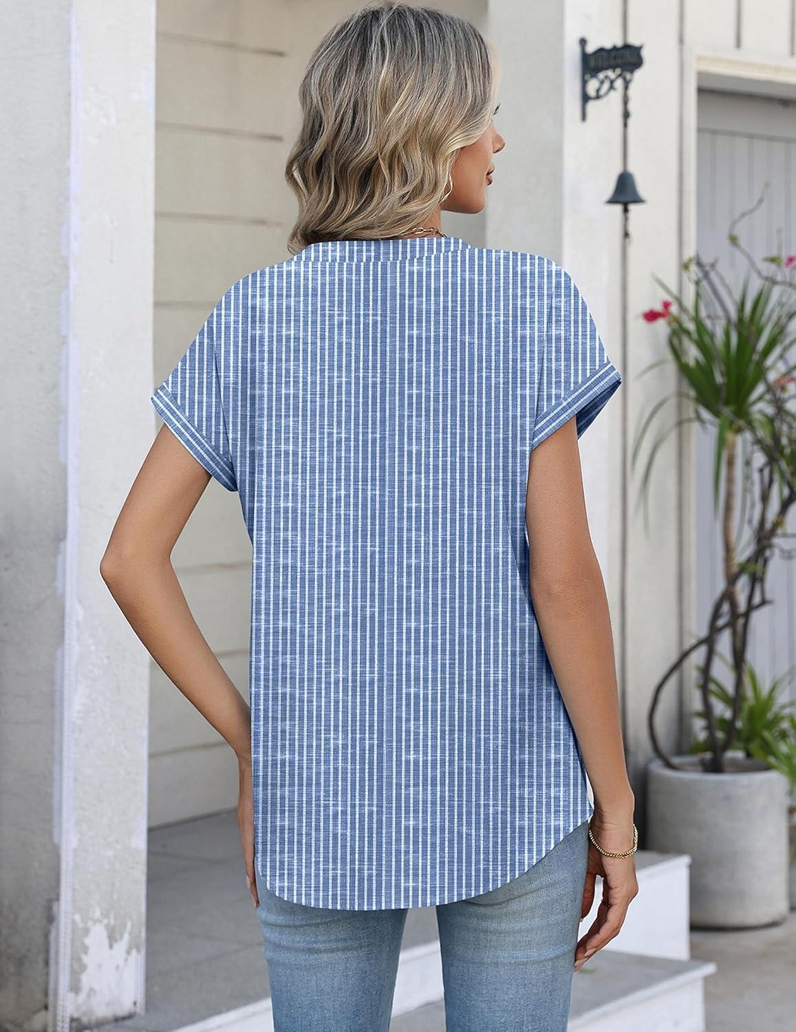 imageZeagoo Blouses for Women Short Sleeve Business Casual Button Down Shirts V Neck Work Office Striped Ladies Tops