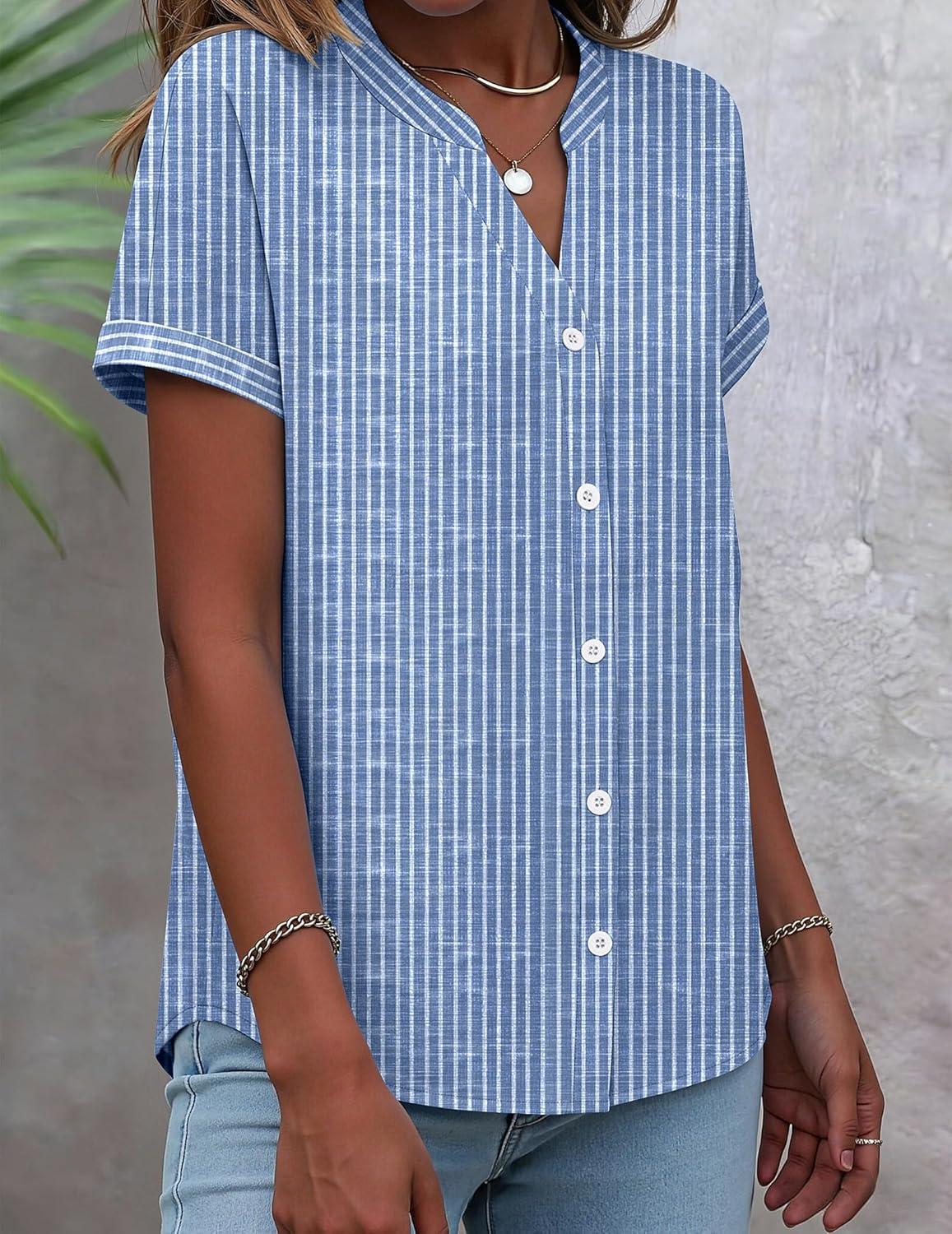 imageZeagoo Blouses for Women Short Sleeve Business Casual Button Down Shirts V Neck Work Office Striped Ladies Tops