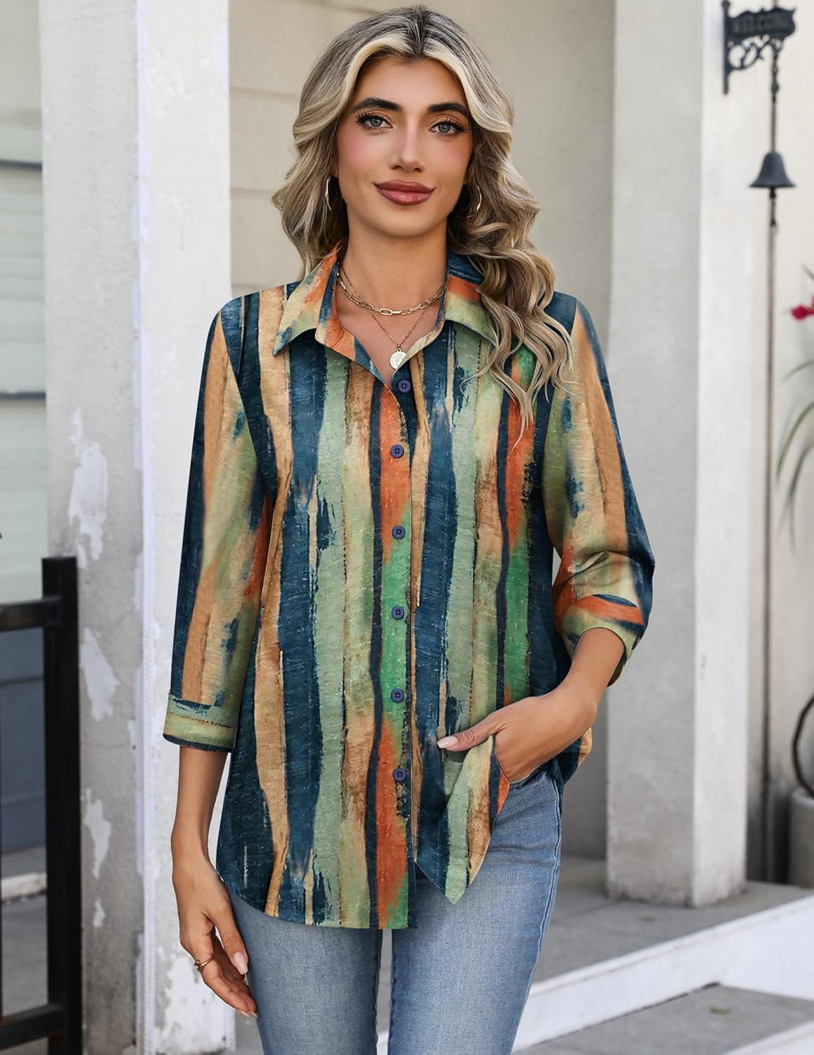 imageZeagoo Button Down Shirts for Women 34 Sleeve Tops V Neck Collared Blouses Business Casual OutfitsCx289