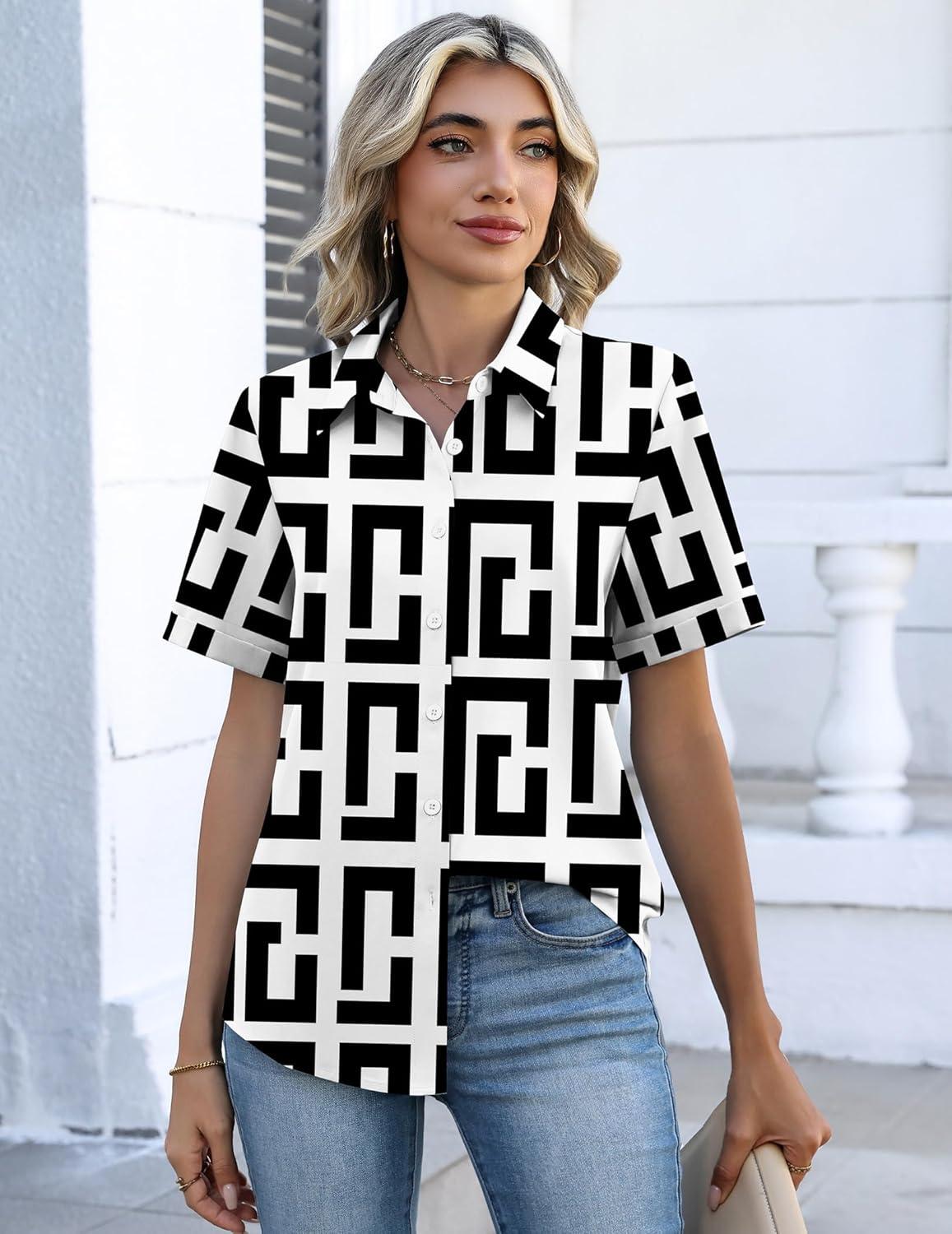 imageZeagoo Button Down Shirts for Women Short Sleeve Collared Tops Dressy Casual V Neck BlousesJh608 Geometry