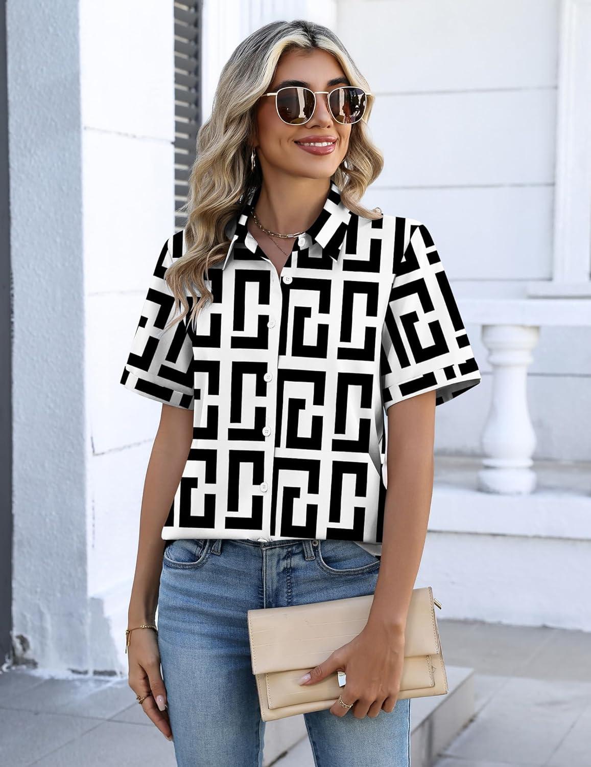 imageZeagoo Button Down Shirts for Women Short Sleeve Collared Tops Dressy Casual V Neck BlousesJh608 Geometry